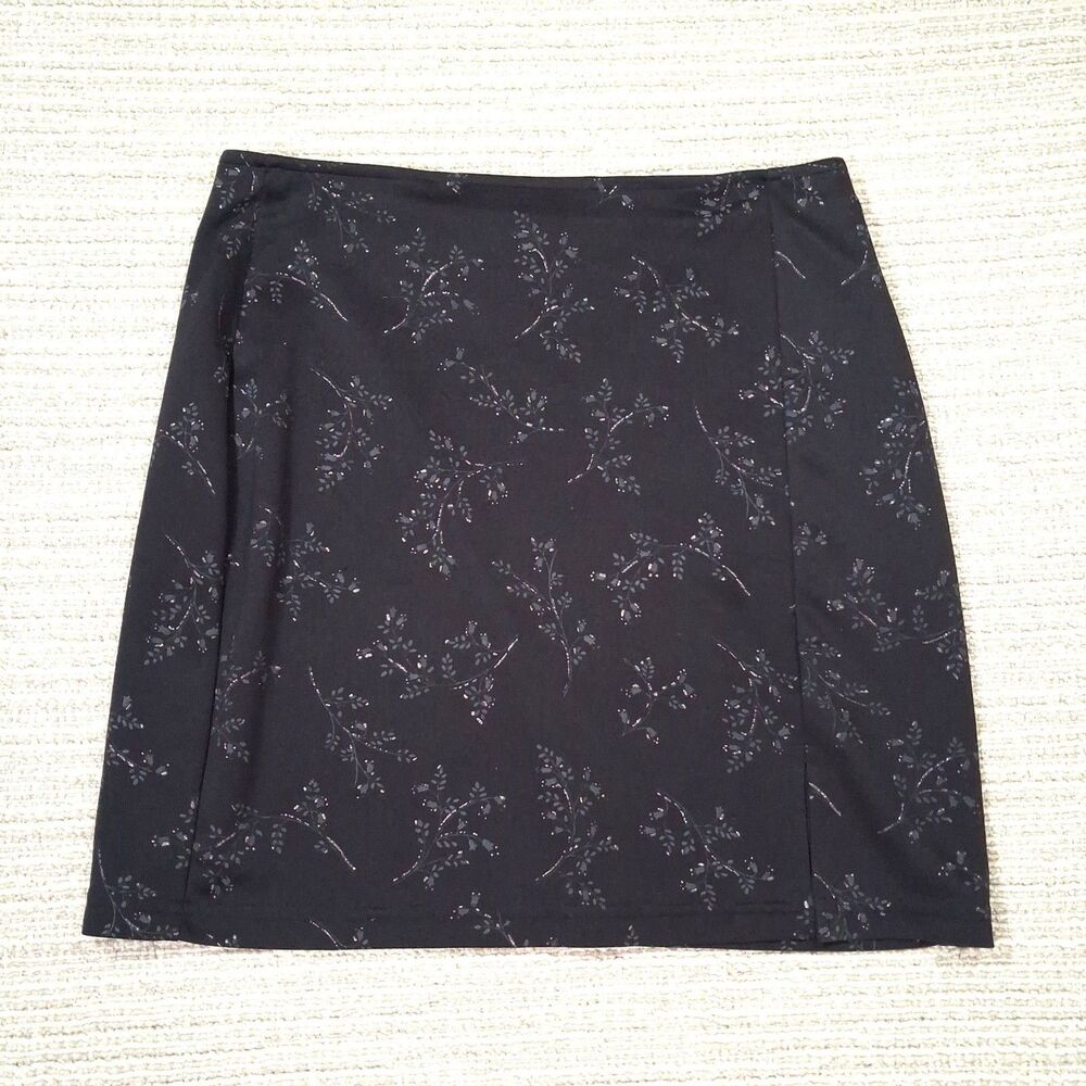 VTG 90S Y2K XOXO BLACK FLORAL GLITTER SHIMMER MINI SKIRT SLIT MEDIUM MADE IN USA